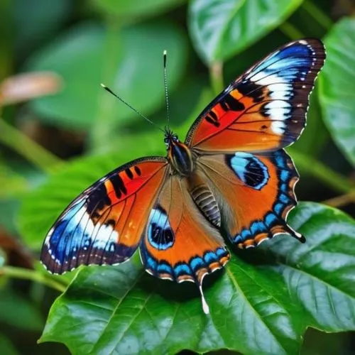 a colorful butterfly perched on top of a green leaf,peacock butterfly,ulysses butterfly,charaxes,peacock butterflies,orange butterfly,tropical butterfly