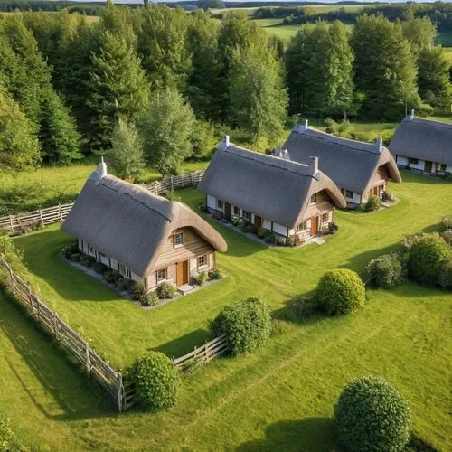 "a frame"4small cottages in a line
,a farm with a thatched roof next to a fence,hameau,frisian house,hoeve,danish house,cottages,wallonia,landsknechts,huis,nordjylland,henhouses,agritubel,country cott