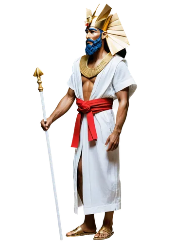 Pharaoh, ancient Egypt, male, powerful, majestic, golden headdress, blue eye makeup, thick beard, ornate collar, white linen robe, red sash, gold sandals, staff in hand, standing, profile view, dramat