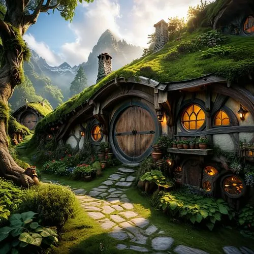 hobbiton,fablehaven,hobbit,fantasy landscape,elves country,beleriand,rivendell,ithilien,shire,erebor,riftwar,nargothrond,fairy village,arenanet,hobbits,alpine village,mountain settlement,elfland,fantasy picture,gondolin,Photography,General,Natural