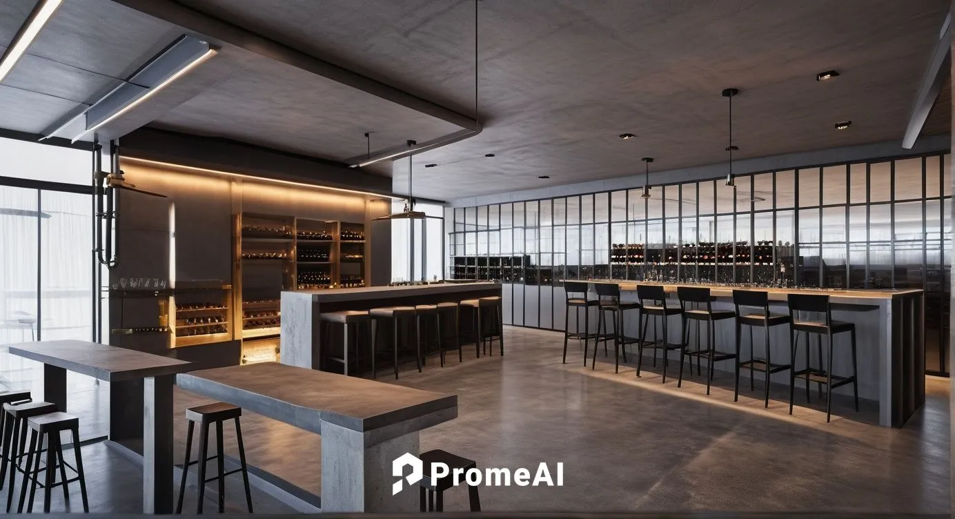 Design a wine bar. The bar table is combined with a sink and faucet. There are wine glasses and wine bottles on the bar table, and the top of the bar table is made of metal and the legs are made of th