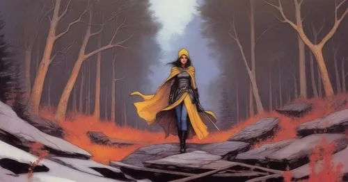 this is a painting of a woman in winter clothing walking towards the woods,elric,melkor,hellstrom,raistlin,sorceress,morgoth,darth talon,dawnstar,hastur,illyana,finrod,barlowe,thranduil,thingol,sorcer