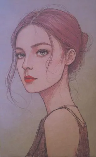 this is an image of a female portrait,vintage drawing,girl drawing,colored pencil,colored pencil background,pencil color,la violetta,Illustration,Japanese style,Japanese Style 18