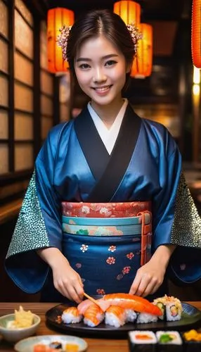 Sparkly, Japanese girl, 18yo, sweet smile, shiny brown hair, glittering blue eyes, elegant makeup, kimono, traditional Japanese clothing, obi, geta sandals, holding sparkly sushi plate, delicate finge