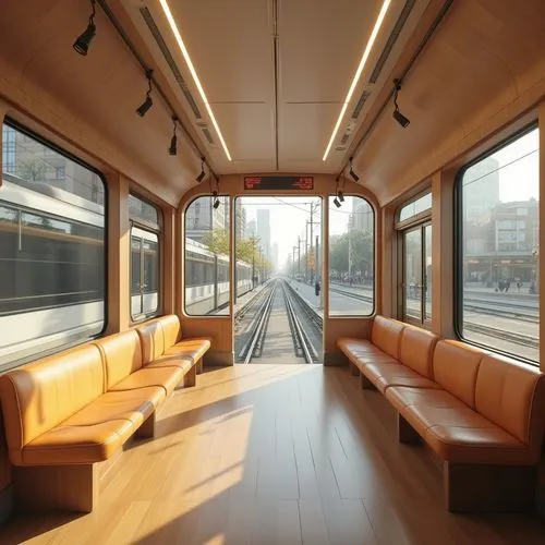 Tram station interior, Gainsboro color scheme, warm beige tone, wooden accents, modern minimalist architecture, sleek metal handrails, comfortable seating area, large windows, natural light pouring in