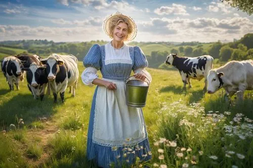 milkmaid,east-european shepherd,country dress,jane austen,amish,livestock farming,raw milk,farm girl,bornholmer margeriten,mennonite heritage village,bavarian swabia,heidi country,lapponian herder,countrygirl,pastures,cheesemaking,woman of straw,farmer,mother cow,domestic cattle,Art,Artistic Painting,Artistic Painting 04