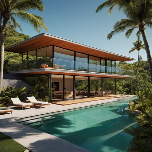 Design a tropical mid century modern vacation house architecture with sleek lines, minimalist interiors, and innovative materials. Craft a contemporary atmosphere for a sophisticated and urban space. 