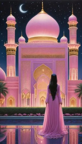 agrabah,rem in arabian nights,pink city,tarawih,ramadani,dubai garden glow,Illustration,Realistic Fantasy,Realistic Fantasy 08