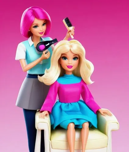 barbie  do makeup.2d style,barbie doll with hair care sitting next to a barbie,hairdressing salon,hairstylists,hairstylist,hairdresser,beauty salon,hairdressing,Illustration,Realistic Fantasy,Realisti