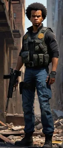 Huey Freeman, Resistance fighter, determined expression, rugged beard, shaved head, black tactical vest, ammo belts, combat gloves, worn jeans, scuffed boots, assault rifle, urban warfare, city street