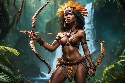 Beautiful Amazon woman, exotic, muscular, 25yo, dark skin, afro hair, colorful feathered headdress, bold nose ring, full lips, golden earrings, tribal tattoos on arms and legs, wearing a loincloth mad