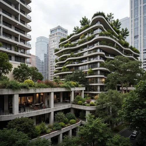 Rugged brutalist architecture, industrial materials, exposed concrete structures, green roofs, living walls, urban gardens, eco-friendly building systems, solar panels, wind turbines, rainwater harves