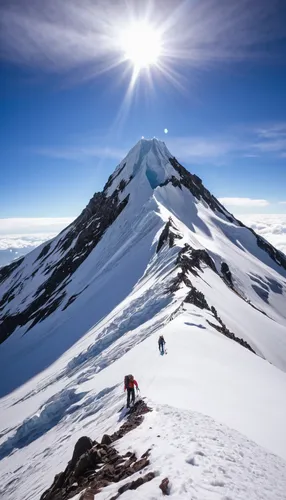 volcano, Cayambe, snow-capped peak, rocky texture, glacier, mountain climbing action, alpine environment, clouds surrounding summit, equatorial line, ice climbing gear, rugged terrain, clear sky, brig