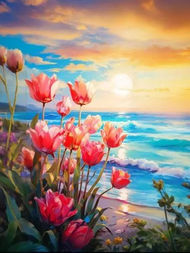 flower painting,splendor of flowers,flower background,flower in sunset,landscape background,sea of flowers,springtime background,spring background,tulip background,nature background,colorful background,spring morning,nature wallpaper,background colorful,sea landscape,blooming field,flower field,flower water,blanket of flowers,flowerful desert