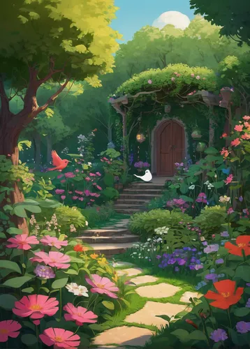 John's favorite place to relax and unwind was his secret garden. The tranquility of the flowers and birdsong brought him peace.,wishing well,flower garden,fairy village,garden door,tunnel of plants,th