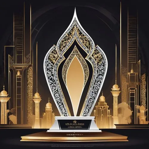 Modern Indian architecture award trophy, gold and silver metallic material, ornate design, intricate patterns, luxurious feel, wooden or marble base, spotlights shining on it, close-up shot, 3/4 compo