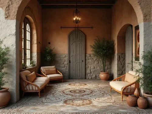 moroccan pattern,patio,porch,courtyards,entryways,courtyard,front porch,entryway,alcove,terracotta tiles,patios,patio furniture,doorways,inside courtyard,spanish tile,masseria,loggia,inglenook,outdoor furniture,interior decor,Photography,General,Realistic