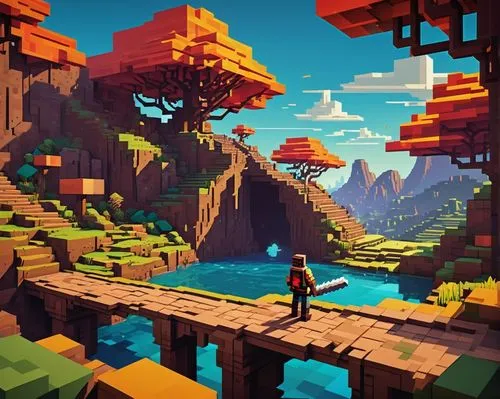 voxel,fez,voxels,ravine,mountain world,shaders,lowpoly,chasm,pixel art,low poly,tileable,platformer,paisaje,shader,game art,mushroom landscape,valley,adventure bridge,game illustration,building valley,Art,Artistic Painting,Artistic Painting 34