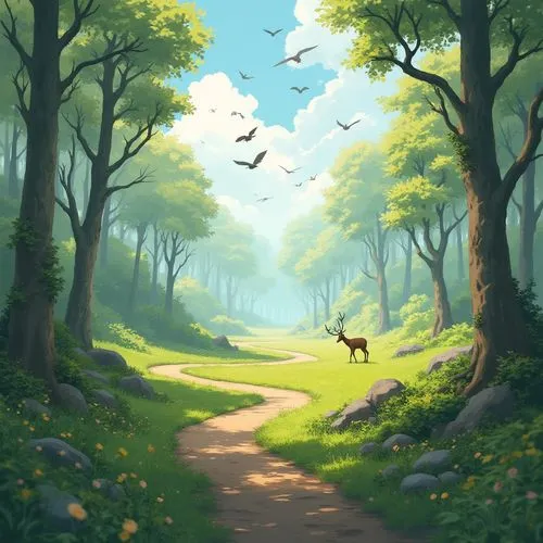 cartoon video game background,forest background,nature background,deer illustration,forest path,world digital painting,Illustration,Black and White,Black and White 01