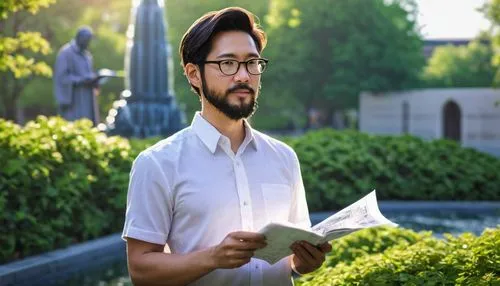 Male, master's degree holder, landscape architect, 30s, short hair, glasses, beard, white shirt, black pants, holding a blueprint, standing, outdoors, university campus, greenery, trees, flowers, foun