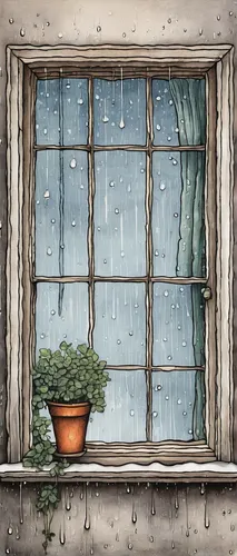 Illustrate the serene atmosphere of a cozy room with an old window on a rainy day.,winter window,rain on window,snow on window,christmas snowy background,winter background,window,window sill,bedroom w