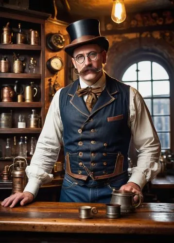 apothecary,haberdasher,apothecaries,barranger,headwaiter,watchmaker,druggists,stovepipe hat,edwardian,tinsmith,haberdashery,coppersmith,borsalino,victoriana,barkeeper,pawnbrokers,radiotelegraph,merchant,tobacconist,bartender,Art,Artistic Painting,Artistic Painting 37