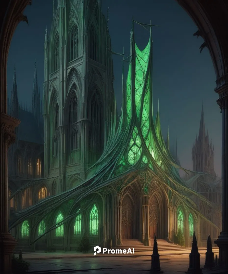 Metropolis Undead Necromancy Civilization with green aura and green orbs,haunted cathedral,gothic architecture,gothic church,hall of the fallen,cathedral,patrol,templedrom,castle of the corvin,green a