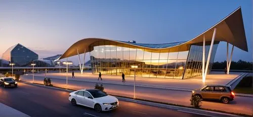 company building multi story ,façade is metal shell and reflected glass ,and put some people,cars moving on the road with the city skyline in background,masdar,esteqlal,khobar,car showroom,futuristic 