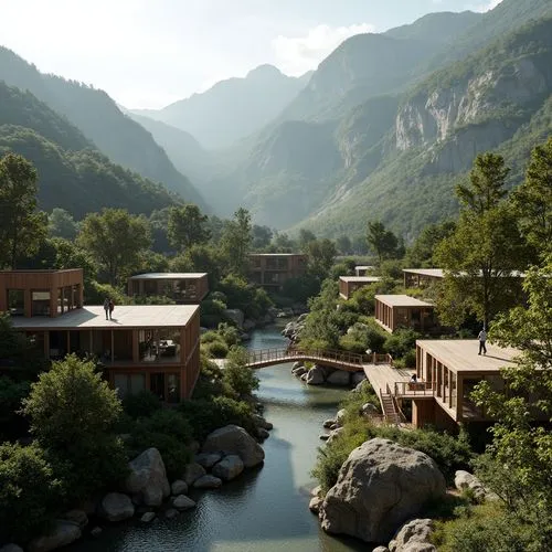 Sweeping mountain ranges, lush green forests, winding rivers, rustic wooden bridges, modern minimalist buildings, cantilevered structures, floor-to-ceiling glass windows, sliding doors, natural stone 