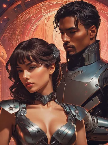 sci fiction illustration,cg artwork,rosa ' amber cover,fantasy portrait,gemini,world digital painting,scifi,black couple,futuristic,fantasy art,cyberpunk,steampunk,game illustration,sci fi,fantasy picture,atala,3d fantasy,cybernetics,digital painting,detail shot,Art,Classical Oil Painting,Classical Oil Painting 31