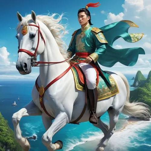 A beautiful Chinese prince on a white horse, a journey along the ocean, on a tropical island,yi sun sin,genpei,xufeng,zhuge,naomasa,marcopolo,rongfeng,yuhuan,guangzhao,zhenfeng,dongchang,yuliang,xueli