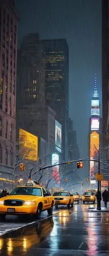 New York Cityscape, Manhattan skyscrapers, modern glass towers, bustling streets, yellow cabs, pedestrians in suits, briefcases, 5th Avenue, iconic Central Park, winter snowfall, misty morning atmosph