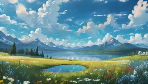 landscape background,salt meadow landscape,meadow landscape,nature background,mountain meadow,alpine meadow,Illustration,Japanese style,Japanese Style 06