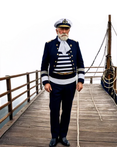 Vintage boat, black and white stripes, old sailor, senior man, white beard, captain's hat, navy blue uniform, golden buttons, rope, anchor, wooden deck, morning mist, soft lighting, panoramic view, ci