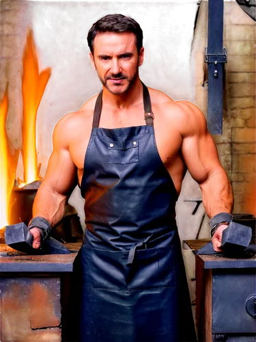 industrial forge, fiery furnace, molten metal, heavy hammer, anvil, sparks flying, sweat dripping, muscular blacksmith, leather apron, intense facial expression, strong arms, rugged hands, detailed te