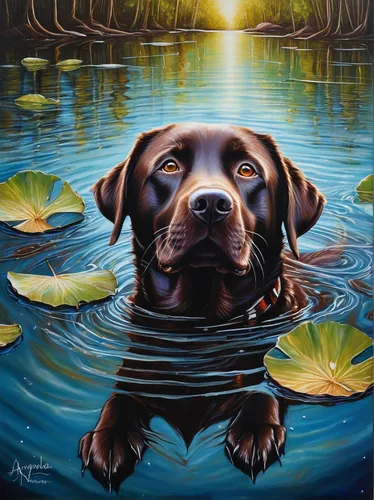 Paint a beautiful picture of a chocolate lab swimming joyfully in a sparkling lake.,dog in the water,chesapeake bay retriever,labrador retriever,oil painting on canvas,chocolate labrador,water dog,boy