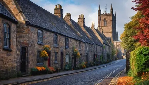 Campbelltown, Scotland, historic town, stone buildings, medieval architecture, Gothic spire, St. Margaret's Church, cobblestone streets, gas lamps, autumn leaves, misty morning, warm lighting, 3/4 com