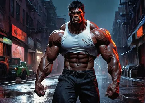 Thaddeus Ross, muscular man, red skin tone, Incredible Hulk-inspired physique, aggressive facial expression, bulging eyes, ripped black pants, torn white shirt, massive chest, enormous biceps, intense