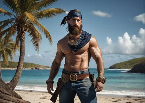 male pirate, muscular arms, rugged beard, piercing blue eyes, bandana, gold earring, weathered skin, leather boots, worn denim pants, wide belt, silver buckle, treasure map in hand, standing, adventur