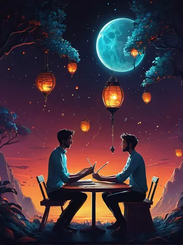 romantic dinner,romantic night,dinner for two,romantic scene,romantic meeting,sci fiction illustration,honeymoon,campfire,the moon and the stars,romantic,game illustration,dining,space art,cg artwork,fantasy picture,date,moons,world digital painting,mid-autumn festival,night scene,Conceptual Art,Fantasy,Fantasy 21