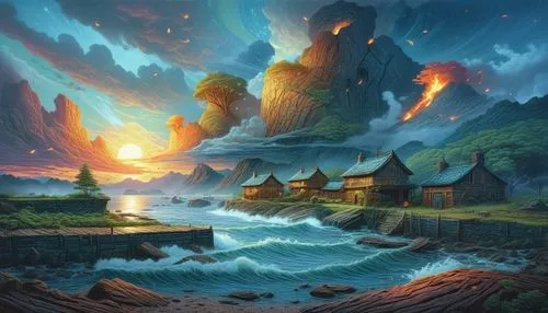 real landscap in time,a painting of a beautiful landscape with houses,fantasy landscape,fantasy picture,fantasy art,alfheim,fablehaven,citadels,Illustration,Realistic Fantasy,Realistic Fantasy 25