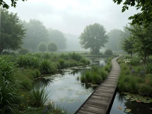 foggy landscape,wetland,wooden bridge,riverwood,wooden path,pond,wetlands,garden pond,morning mist,forest path,pathway,towpath,nature landscape,brook landscape,swampy landscape,landscape background,swamp,river landscape,hiking path,the mystical path