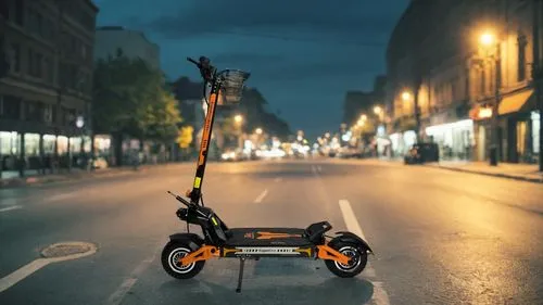 everning night street ,an orange scooter on the side of a road at night,electric scooter,scootering,scooters,motorscooters,motorscooter,obike munich