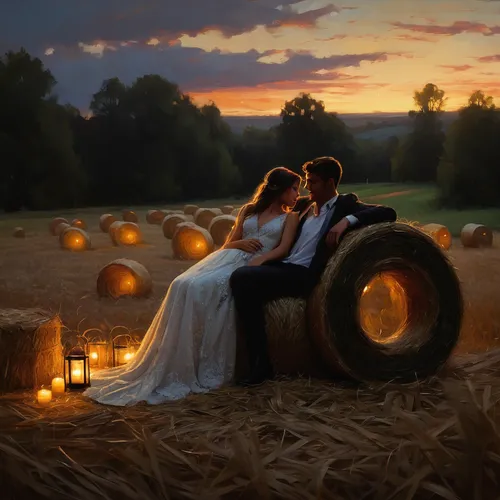 round bales,romantic scene,romantic portrait,straw bales,round straw bales,wedding photo,bales of hay,straw field,hay bales,wedding couple,pumpkins,fantasy picture,wedding photography,romantic night,bales,wedding frame,pre-wedding photo shoot,world digital painting,pumpkin autumn,autumn idyll,Conceptual Art,Oil color,Oil Color 11