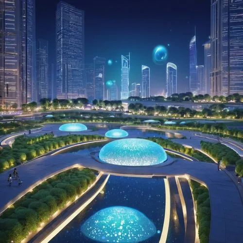 Urban planning, modern architectural design, bird's eye view, futuristic cityscape, skyscrapers, shopping mall, residential area, greenbelt, pedestrian path, riverbank, lake, fountain, walking bridge,