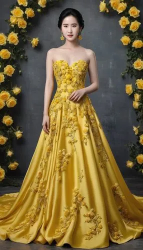 ball gown,yellow rose background,miss vietnam,quinceanera dresses,yellow background,gold yellow rose,evening dress,hanbok,yellow roses,flower gold,chrysanthemum exhibition,golden weddings,xuan lian,oriental princess,yellow chrysanthemum,bridal clothing,gown,dress doll,yellow rose,quinceañera,Photography,General,Realistic