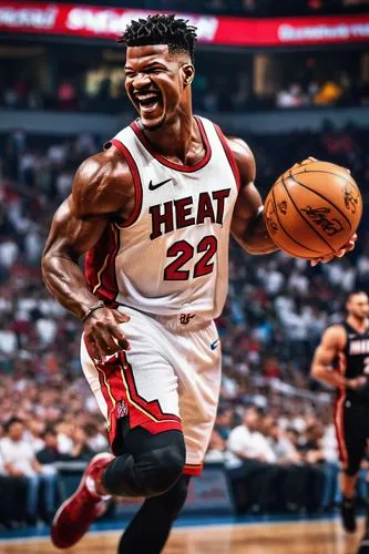 Animated Jimmy Butler, NBA star, smiling, dynamic pose, Miami Heat jersey, number 22, sweat droplets, intense gaze, short black hair, athletic build, muscular arms, basketball, hoop, court, crowd chee