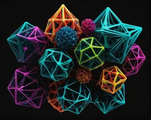 one single infinite skew polyhedra , multi-color, prefect render, dark background
,polyhedra,rhombicosidodecahedron,rhombohedral,icosahedra,octahedra,dodecahedra,tetrahedra,tetrahedral,icosahedral,ico