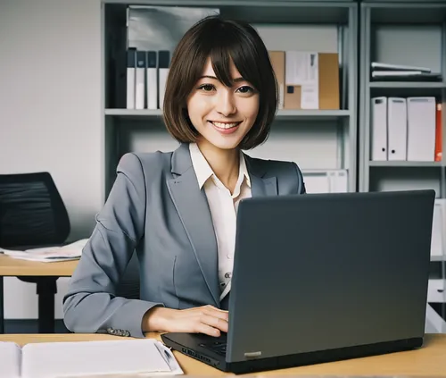 anime, French woman, 30yo, work suit, cute woman. in office, facing camera. holding a laptop. joyful, emphasizers, muted colors, hasselblad,blur office background,place of work women,office worker,sal