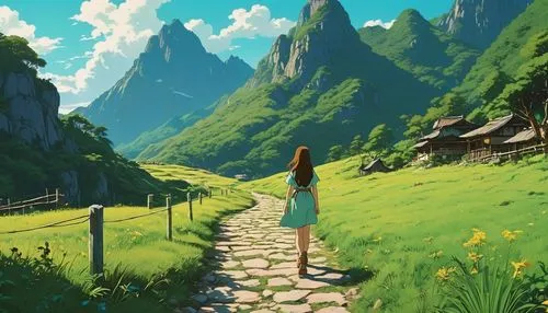 studio ghibli,valley,hiking path,mountain world,meteora,mountain scene,pathway,landscape background,mountain valley,mountain landscape,high landscape,green valley,japanese alps,mountainous landscape,rural landscape,mountain village,mountain road,wander,trail,alpine crossing,Photography,General,Realistic